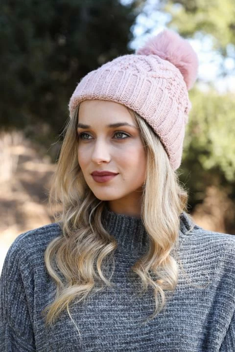 Wholesale Beanies - Cable Knit Round Pom Beanie for