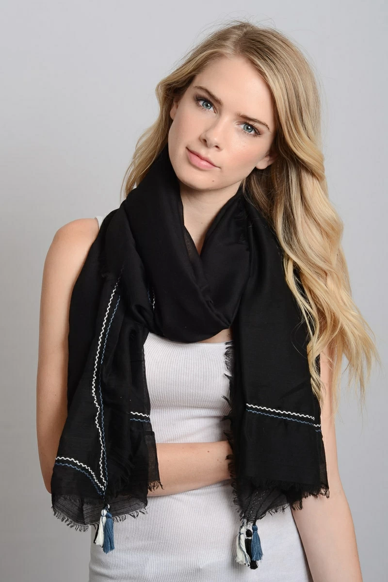 Stylish asymmetrical fringe polyester scarf with tassels wholesale for women from Leto Wholesale