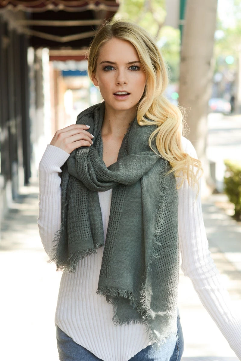 wholesale open grid frayed edge scarf gray