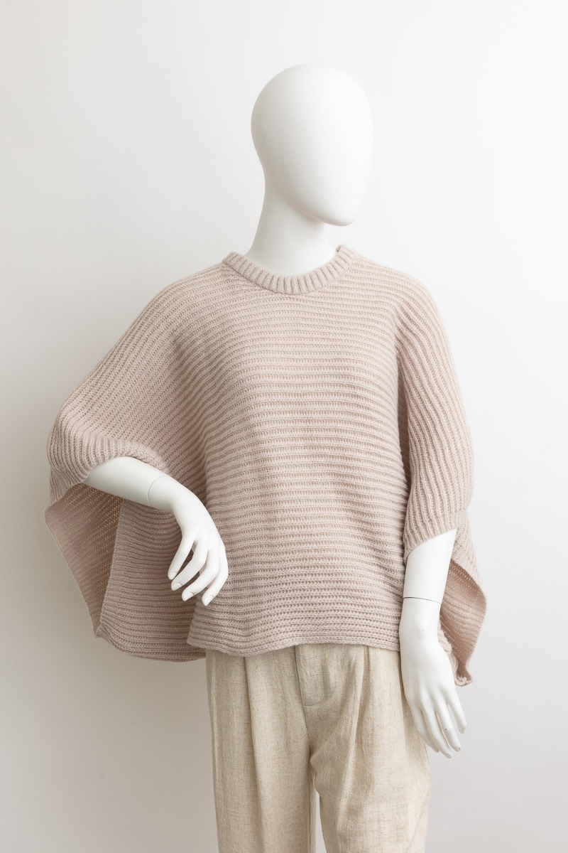 Relaxed Knit Poncho Sweater with Ribbed Cuffs