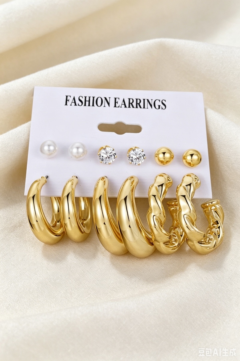 3 pairs gold plated pearl zircon   hoop earrings set