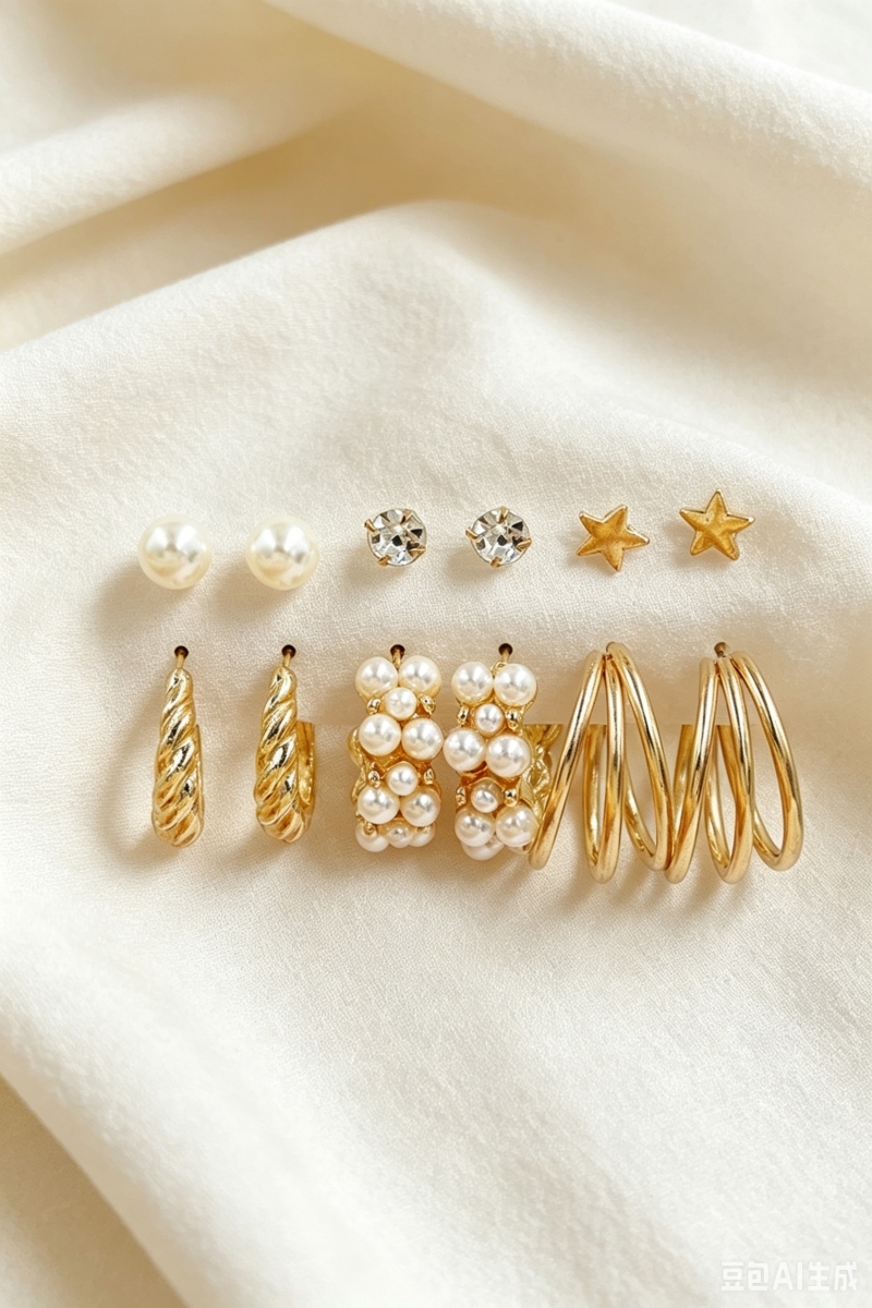 3 pairs gold tone pearl rhinestone star mixed style earrings set