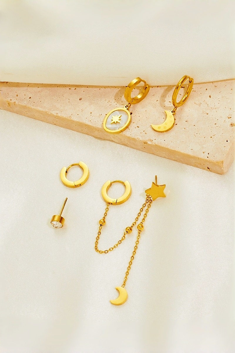 3 pairs stainless steel star moon series gold earrings set