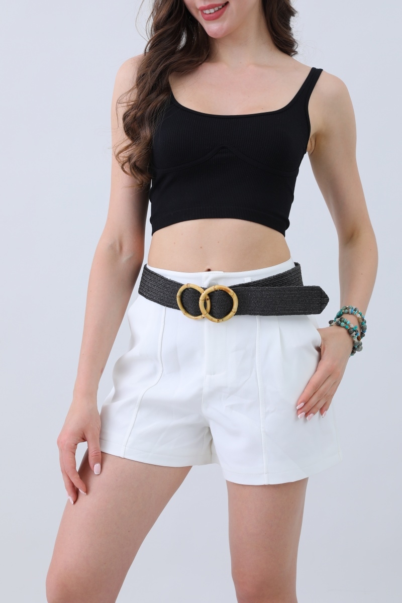 Bamboo style double buckle raffia belt 
