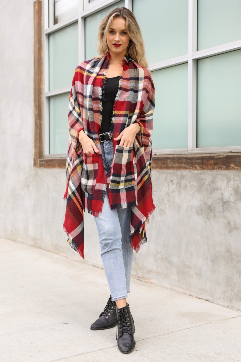 Red Navy White Best Selling Fall Winter Fashion High Quality Cheap Classic Plaid Pocket Ruana Shawl Wholesale 
