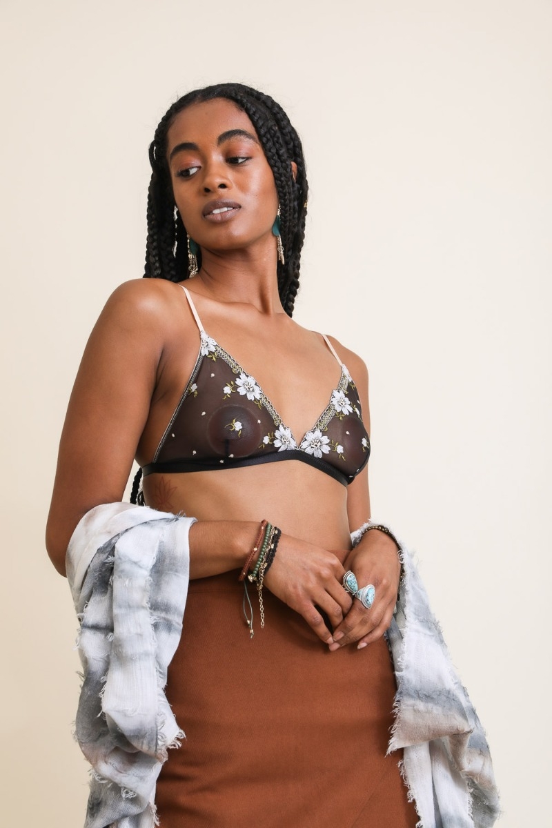 Black Mesh Bralette with Floral Embroidery – Chic and Stylish Design