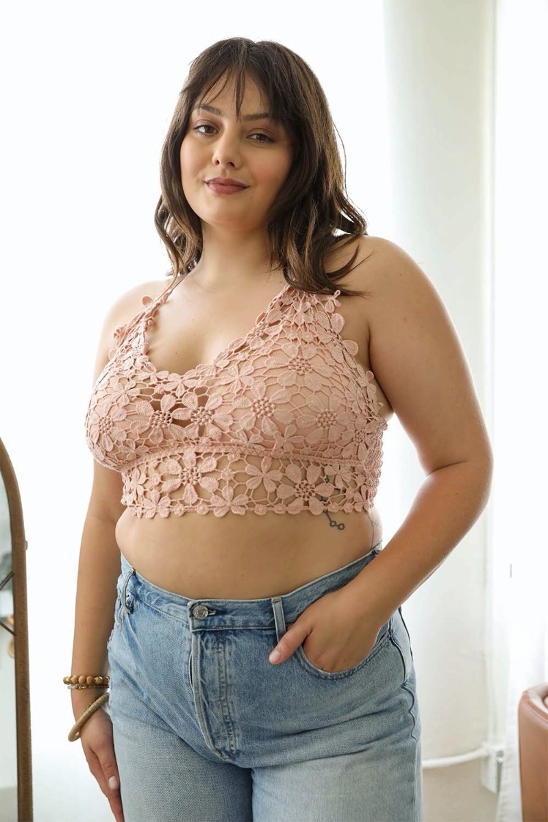 Blush daisy crochet longline bralette designed for plus-size layering and casual wear.