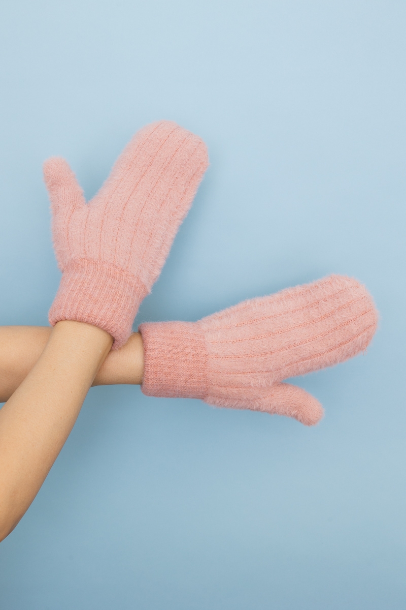Blush soft plush pastel fuzzy mittens winter handwear hand model