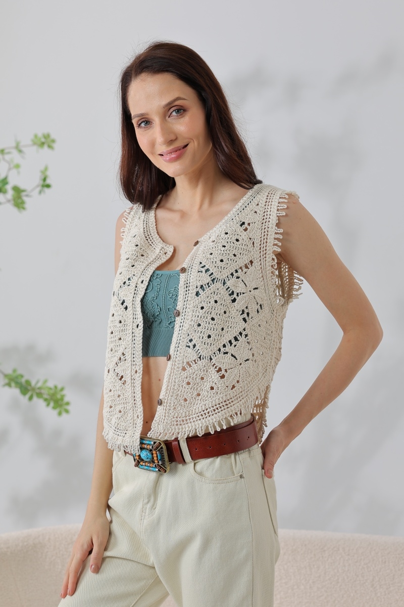 Bohemian crochet tassel vest front placket button hollow sleeveless outerwear