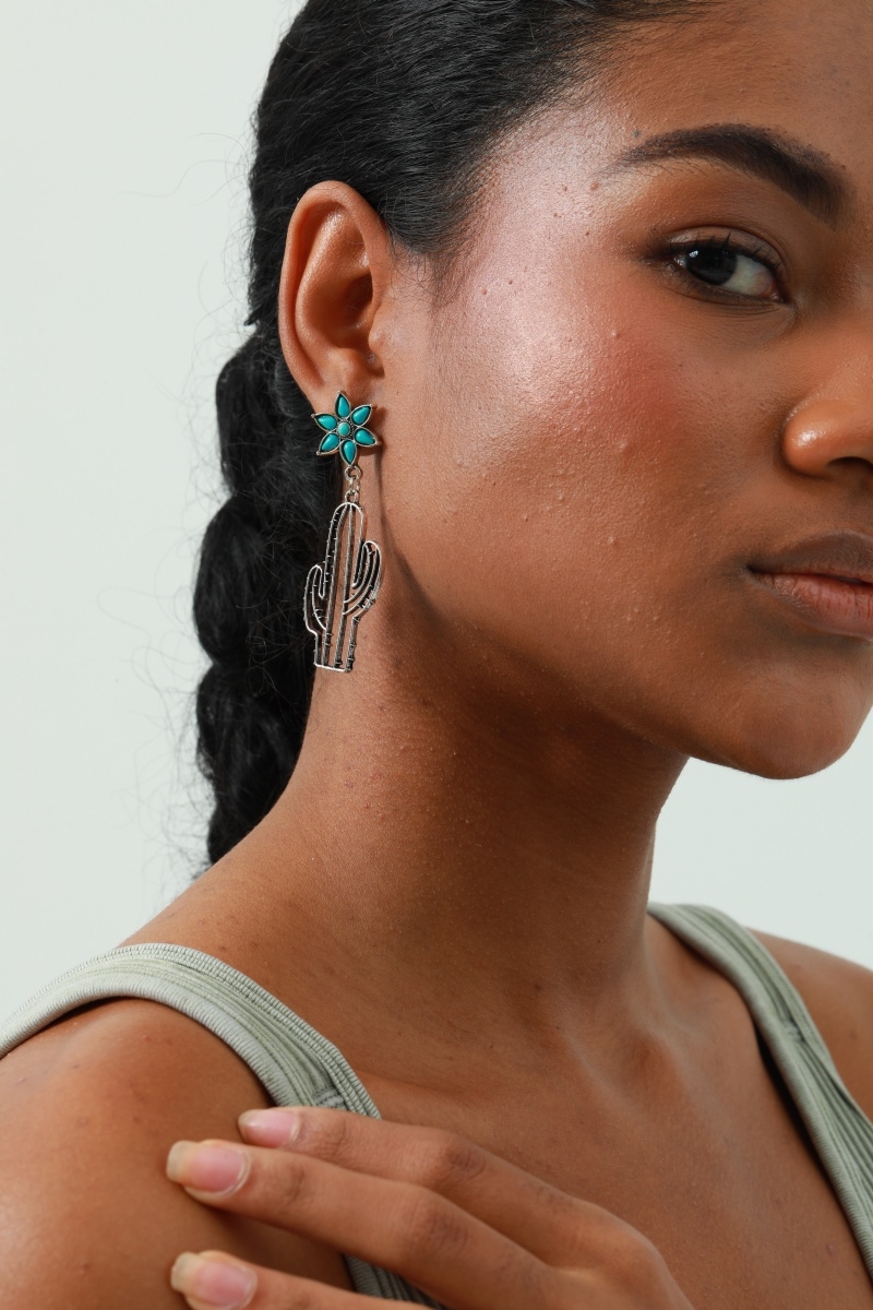 Bohemian statement earrings  turquoise blooms   openwork cactus 5