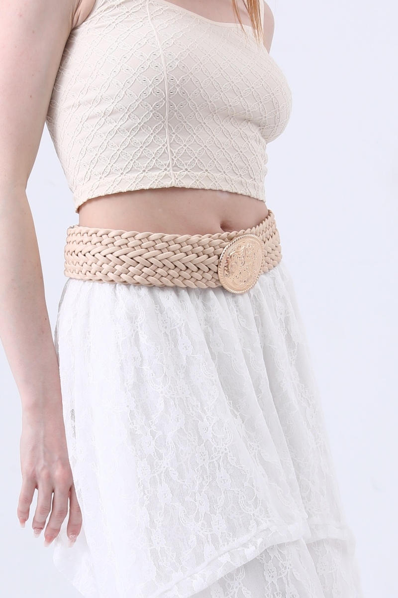 Bohemian woven wide belt with gold engramed medallion 3