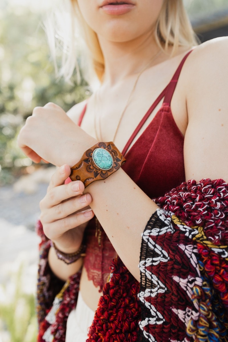 Boho Turquoise Stone Camel Leather Cuff Bracelet Unique