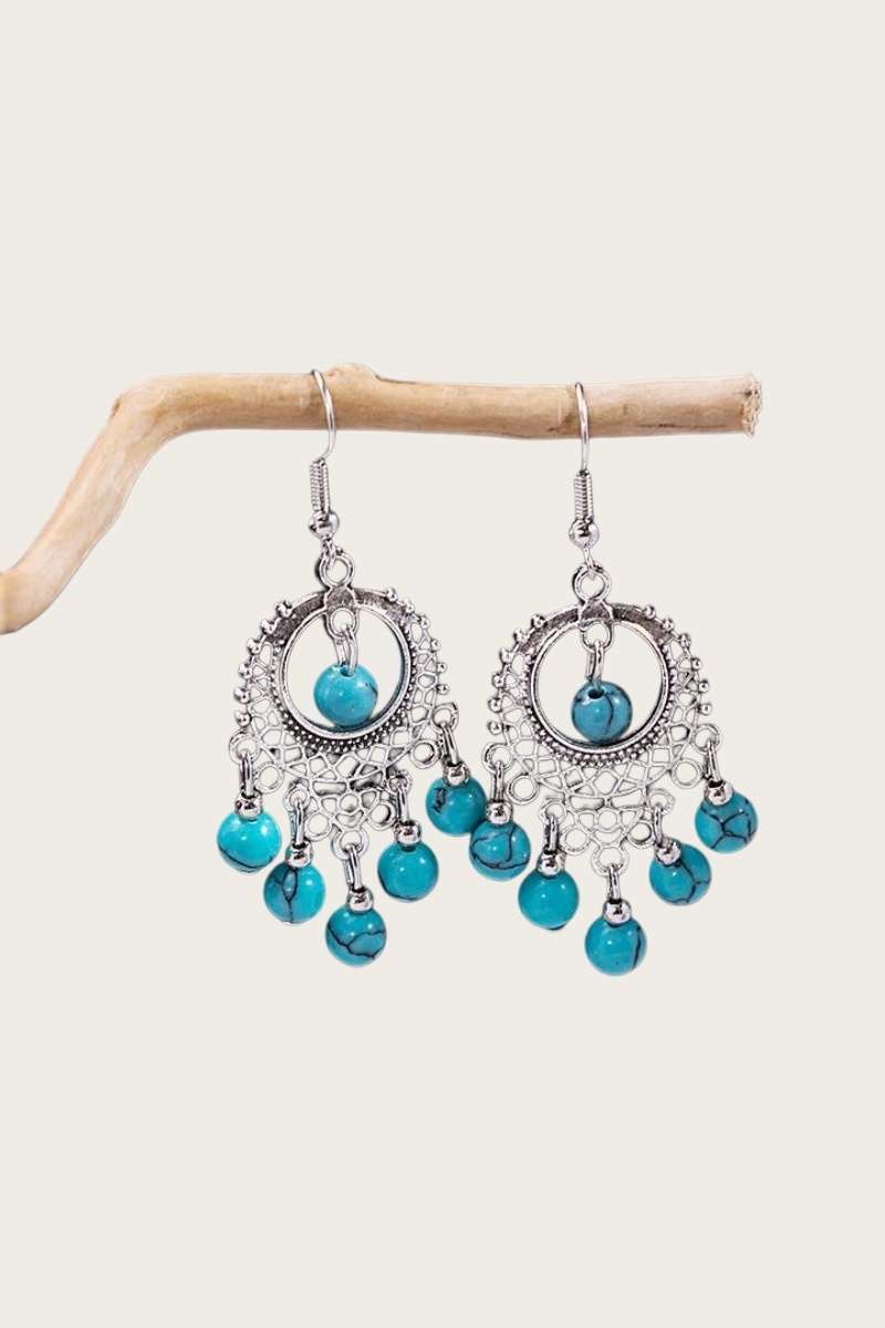 Boho vintage turquoise beaded tassel drop hook earrings 2