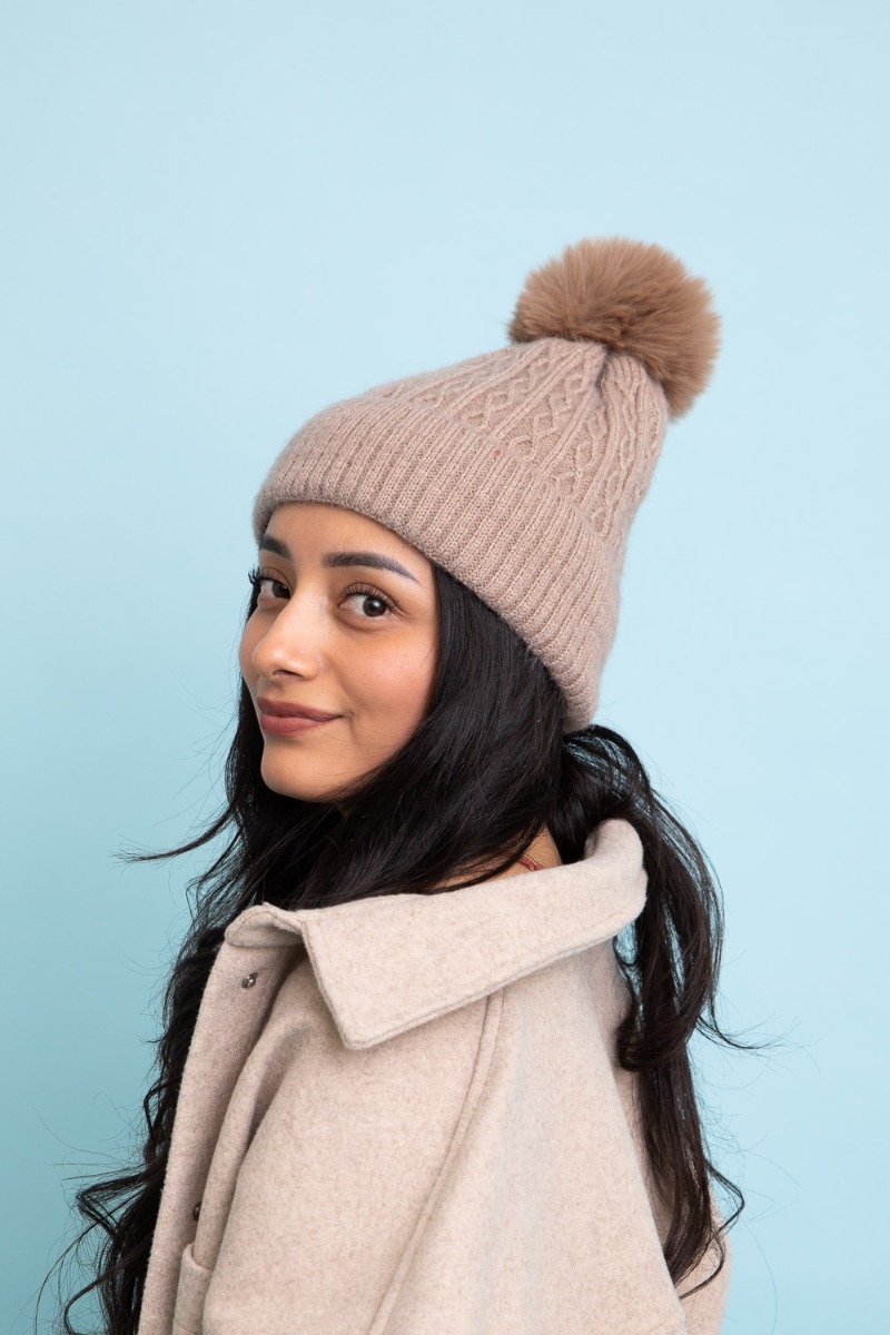 Faux fur hair pom pom cable knit cuffed beanies solid colors 1