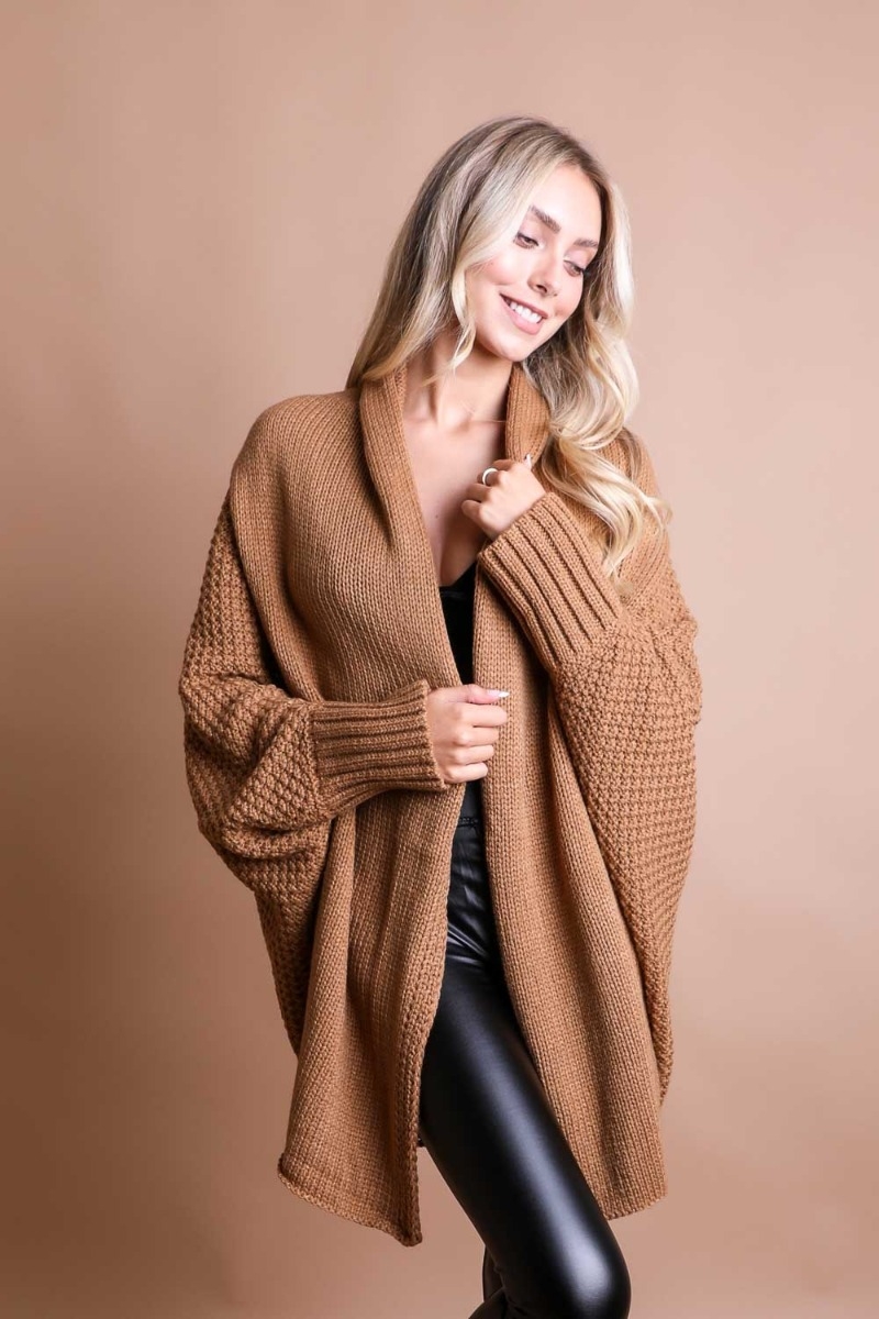 Camel Cozy Bat Sleeve Knit Cardigan