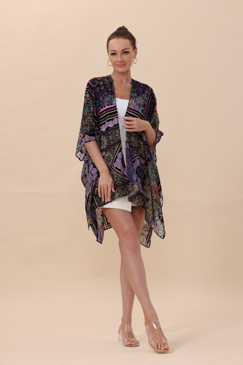 Combo flocked print velvet kimono