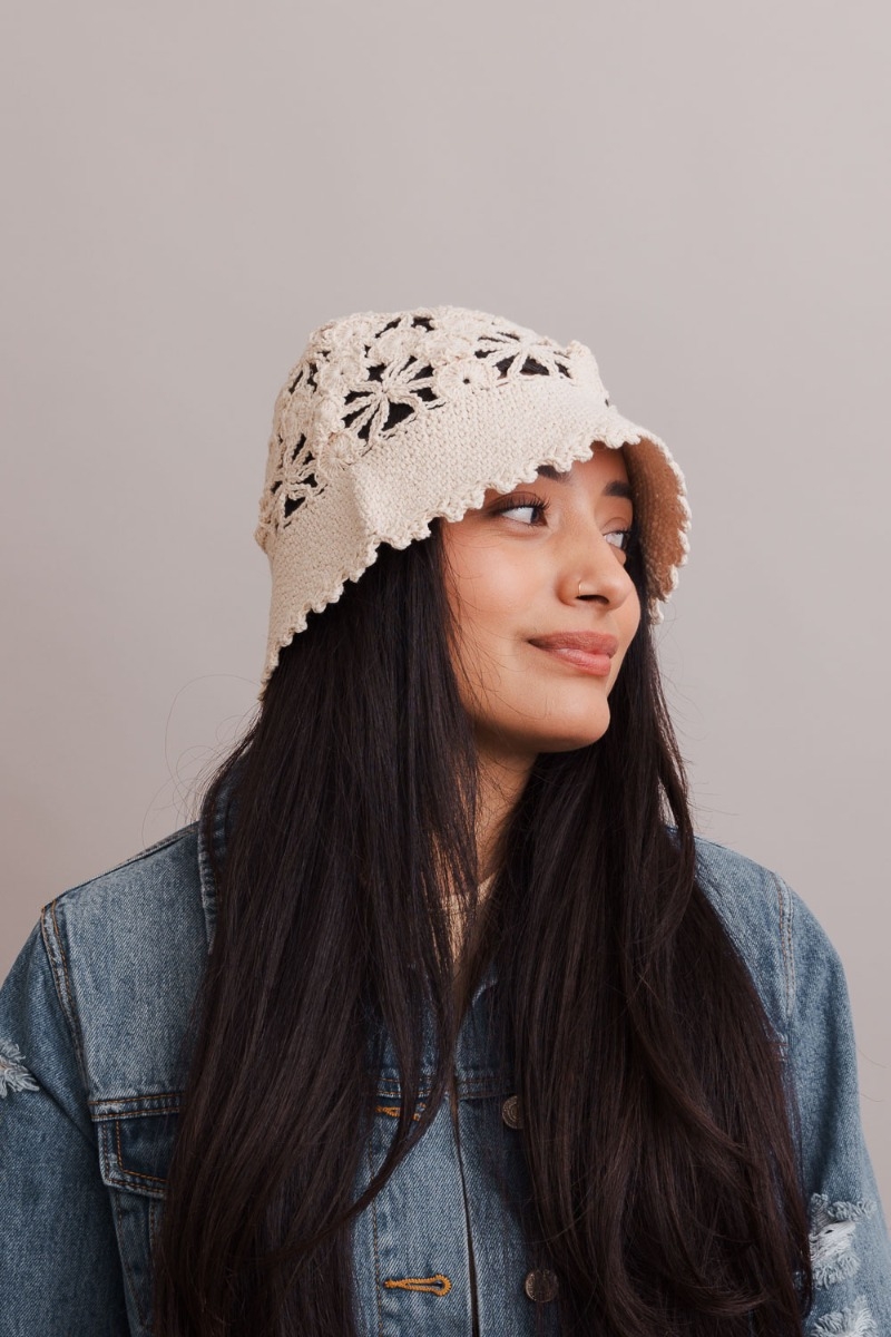 Cotton floral crochet solid color bucket sun hat, ideal for spring and summer styling.