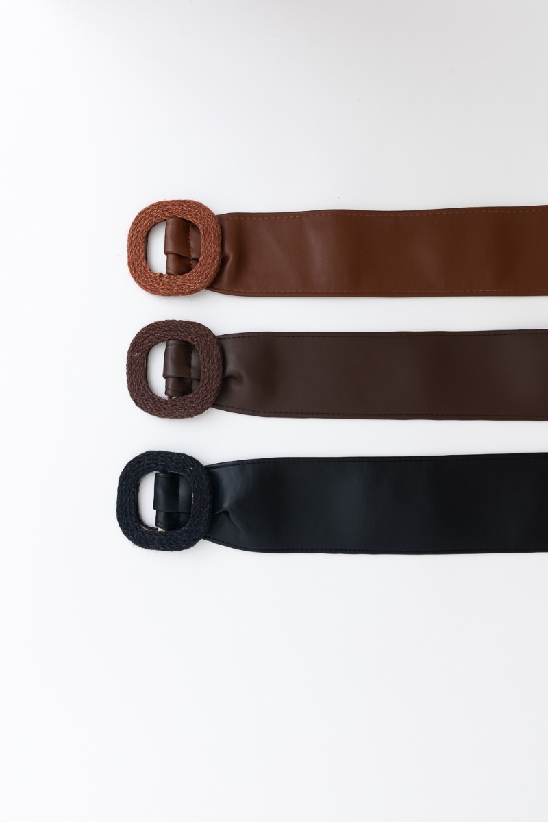 Crochet buckle vegan leather belt with wide band solid design