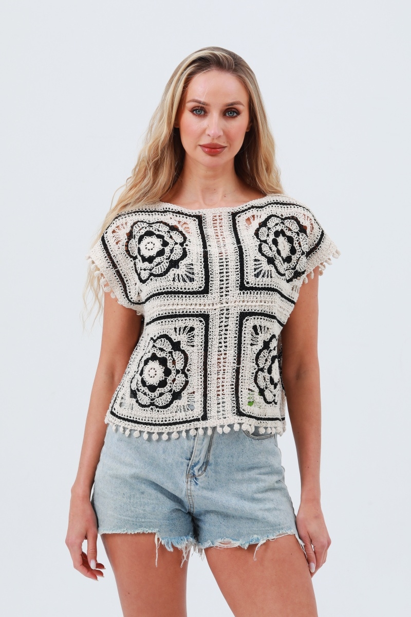 Crochet knit cotton top floral short sleeve coverup