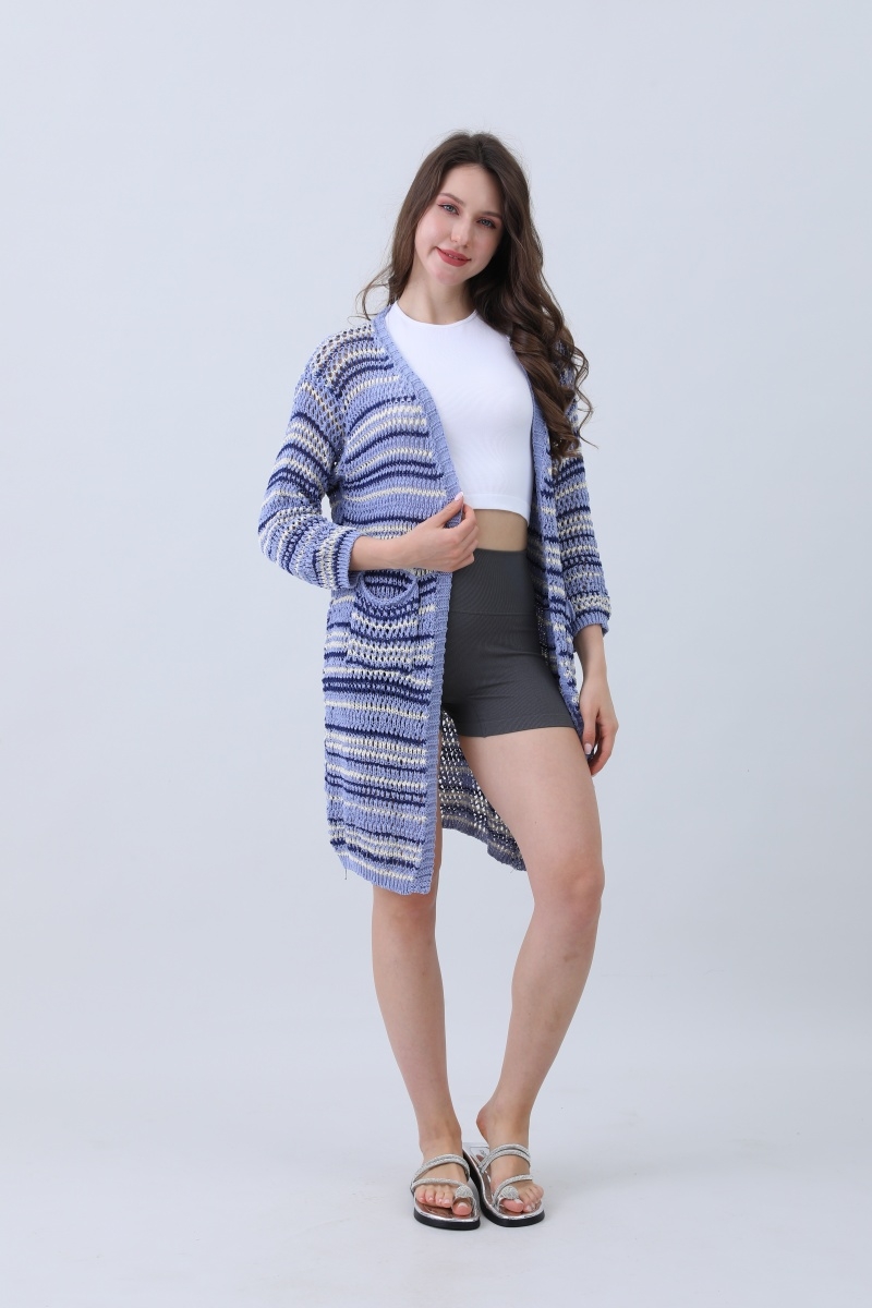 Crochet knit striped shawl with long sleeves 1