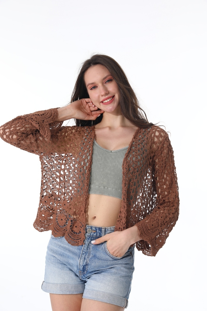 Crochet lace long sleeve open front boho cardigan cover up