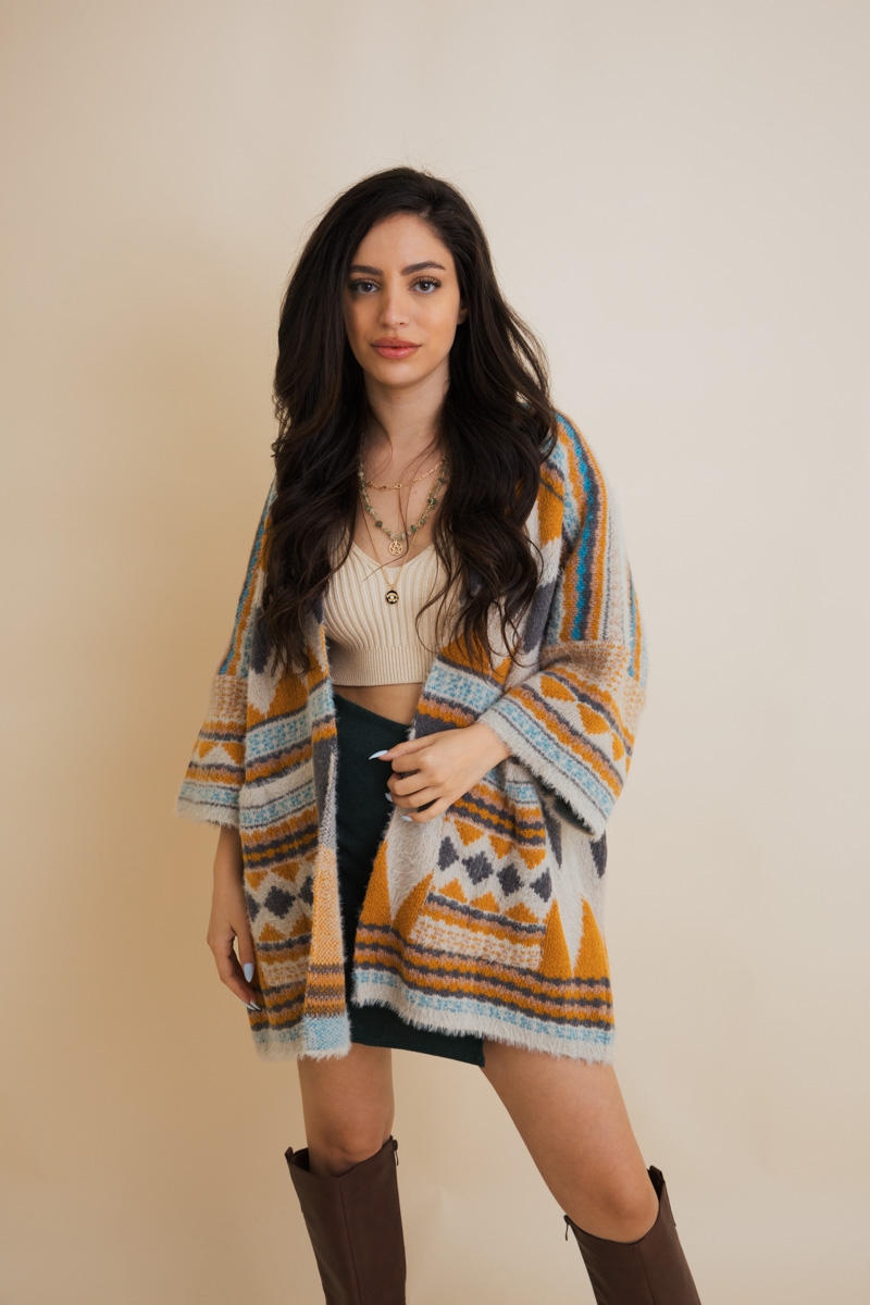 Dark mustard soft faux hair pocket ruana wrap with cozy fit design