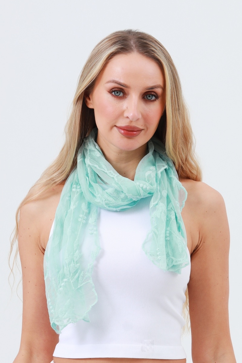 Delicate mesh embroidered oblong scarf sheer   airy lightweight
