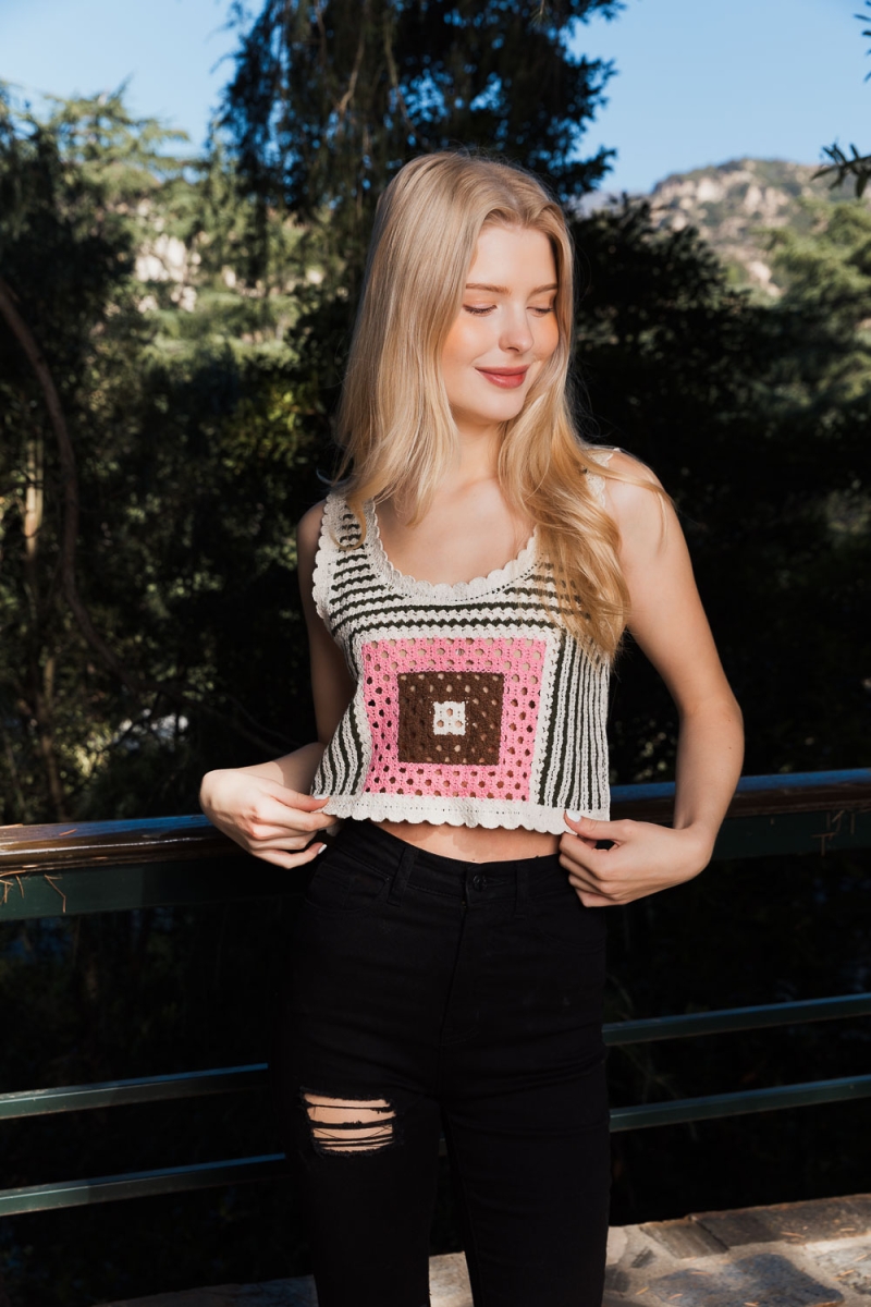 effortless elegance pink patterned crochet style top