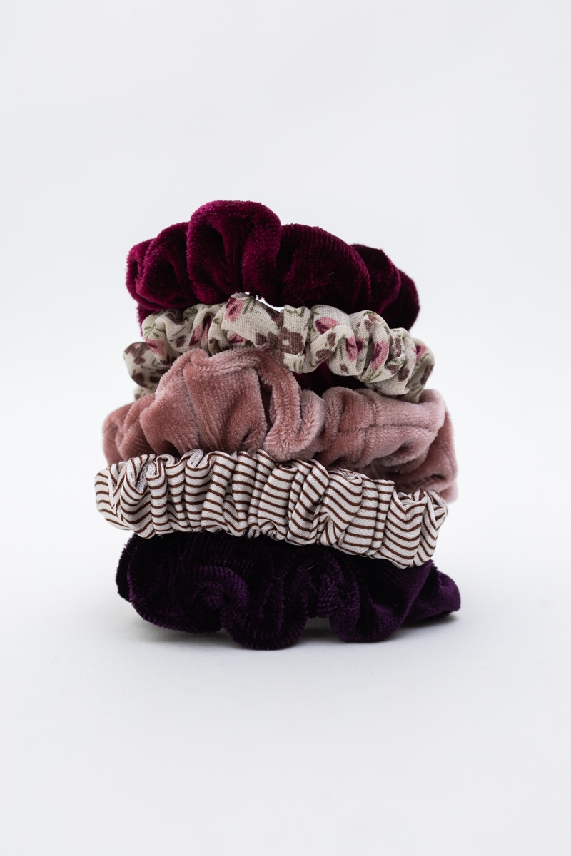 Trendy hair scrunchies with wine floral pattern for fall-inspired outfits.