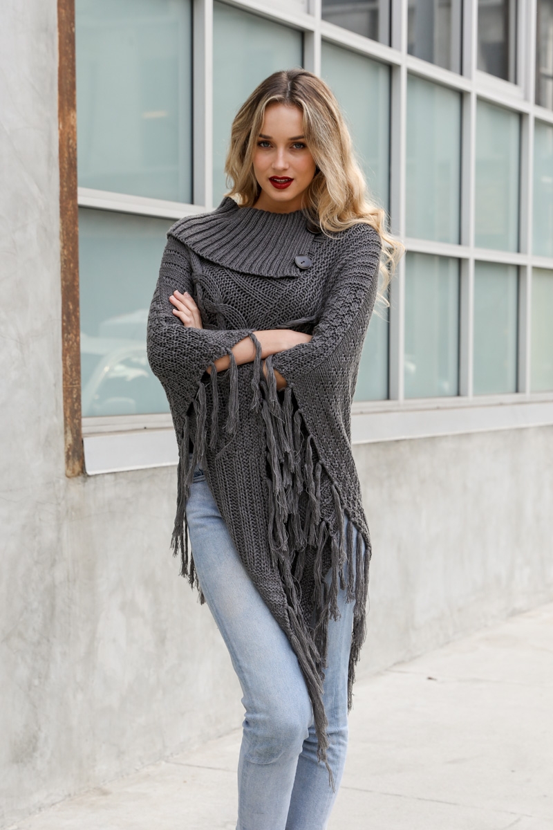 Dark Gray Quality Trendy Cozy High Neck Multi Tasseled Poncho Wholesale