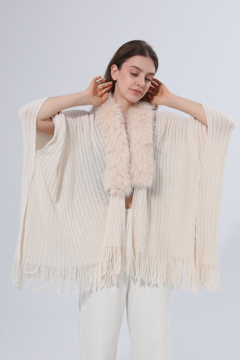 Faux fur collar knit poncho shawl fringed women
