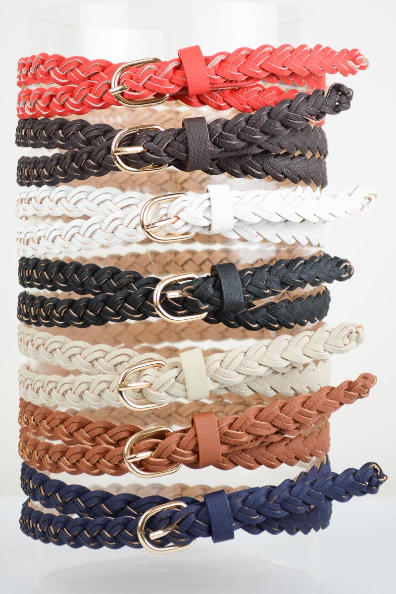 Faux leather skinny braided belts in all colors, wholesale