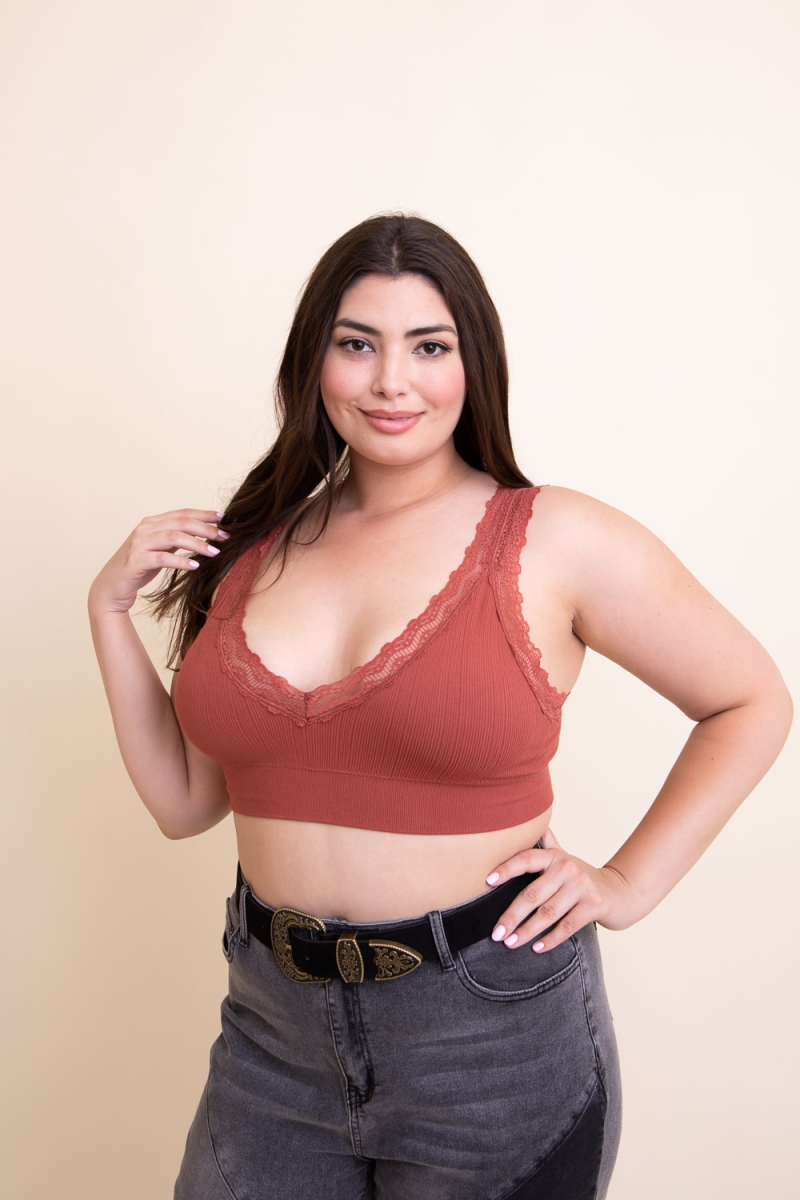 Feminine plus size padded bralette featuring delicate lace details.