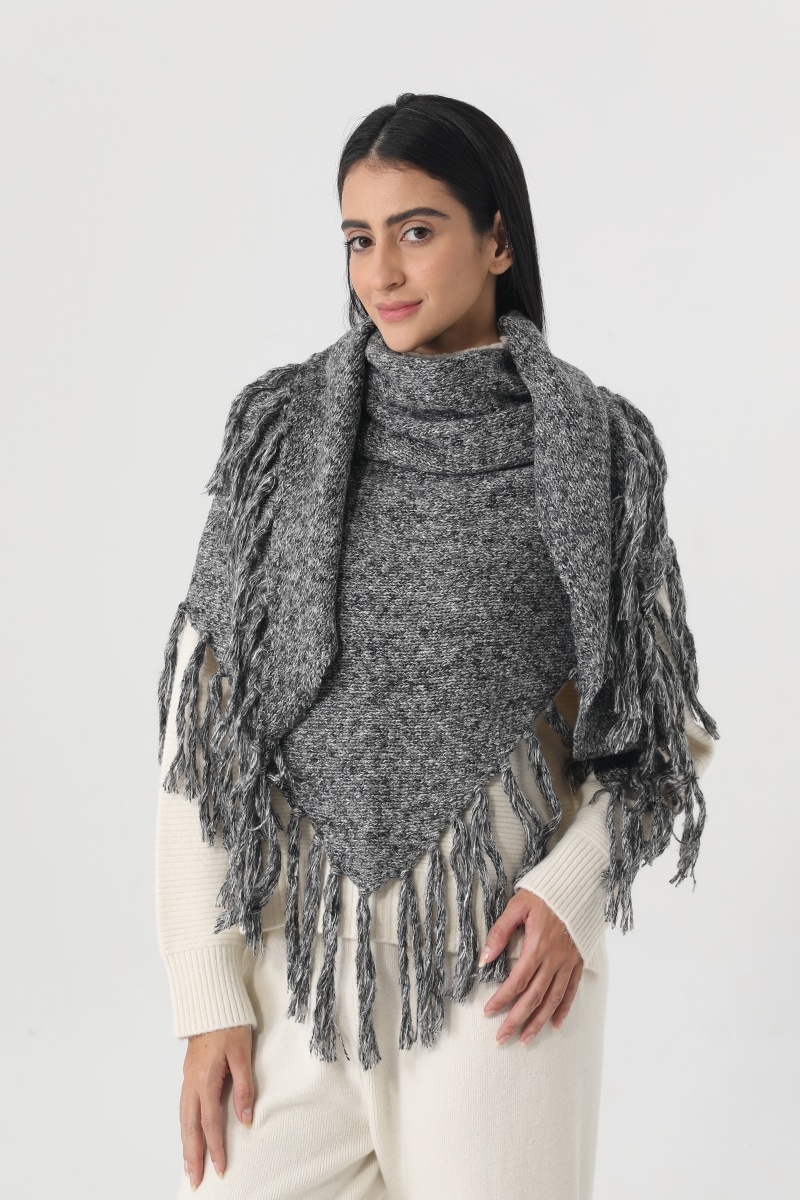 Fringed knit triangle shawl multi wear warm wrap scarf for women
