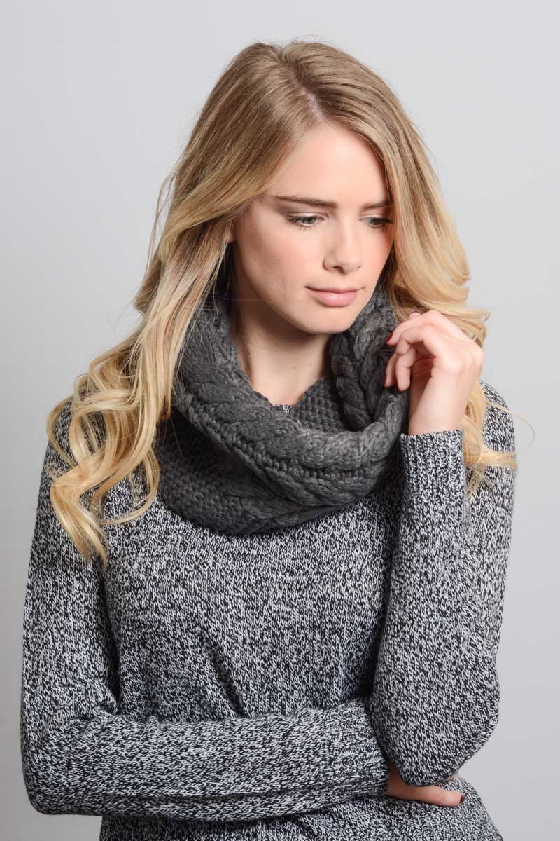 Gray braided knit snood, a cozy and chunky winter scarf perfect for layering.