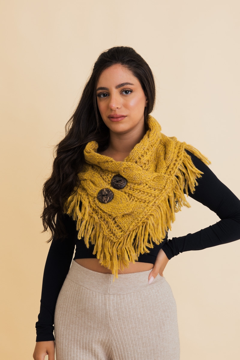 Heathered Fringe Shoulder Warmer in Mustard – warm and textured