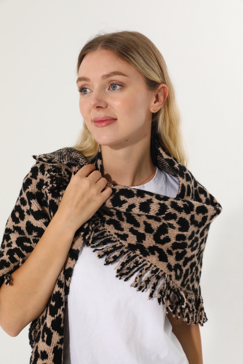 Leopard knit poncho fringe soft warm women cape shawl