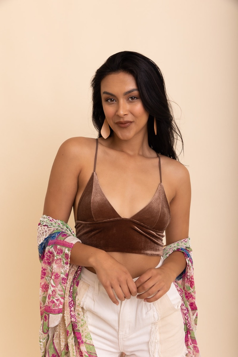 Longline velvet bralette featuring a modern style and deep V-neck.