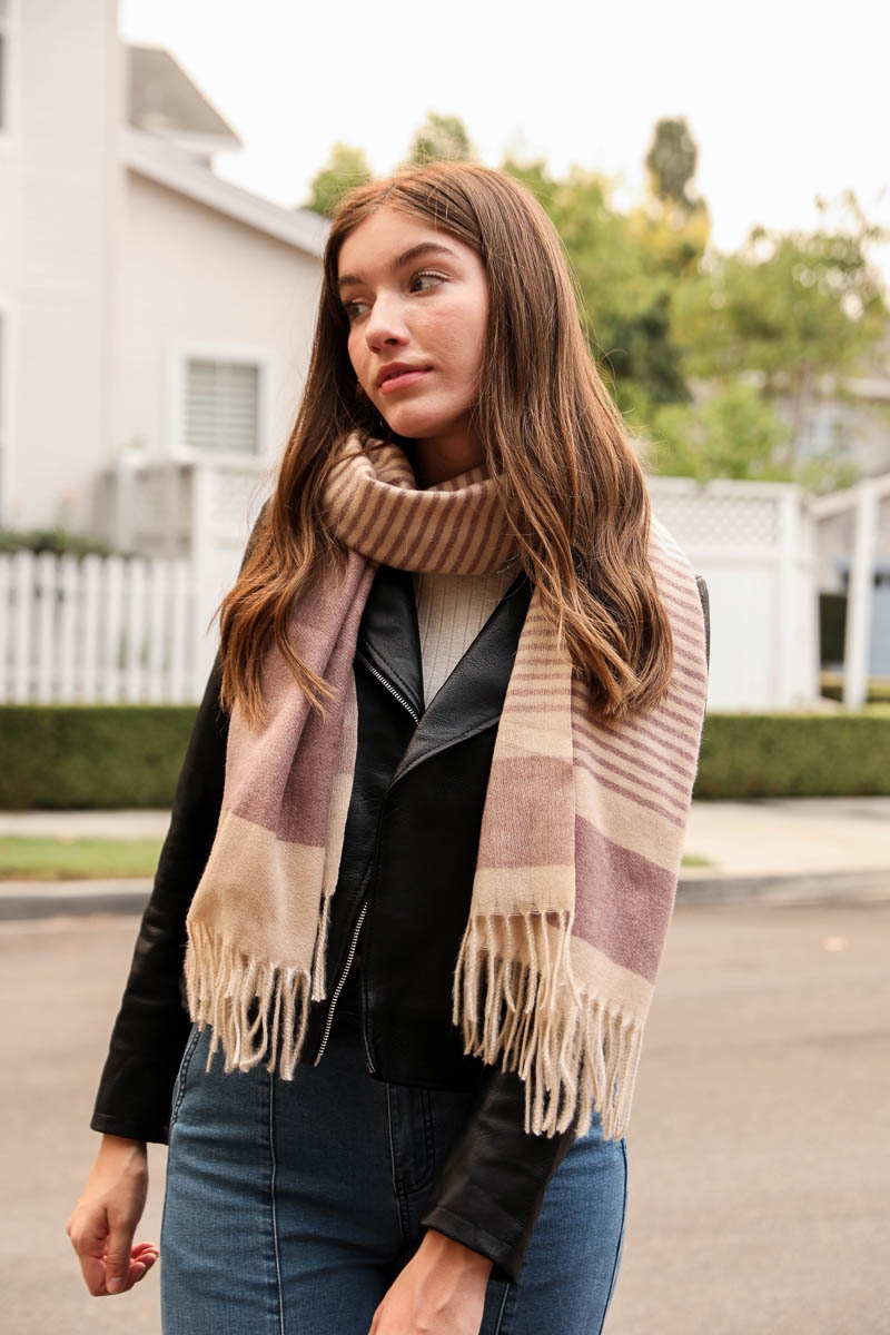 Mauve Rose Striped Woven Scarf - Cozy Layering Piece