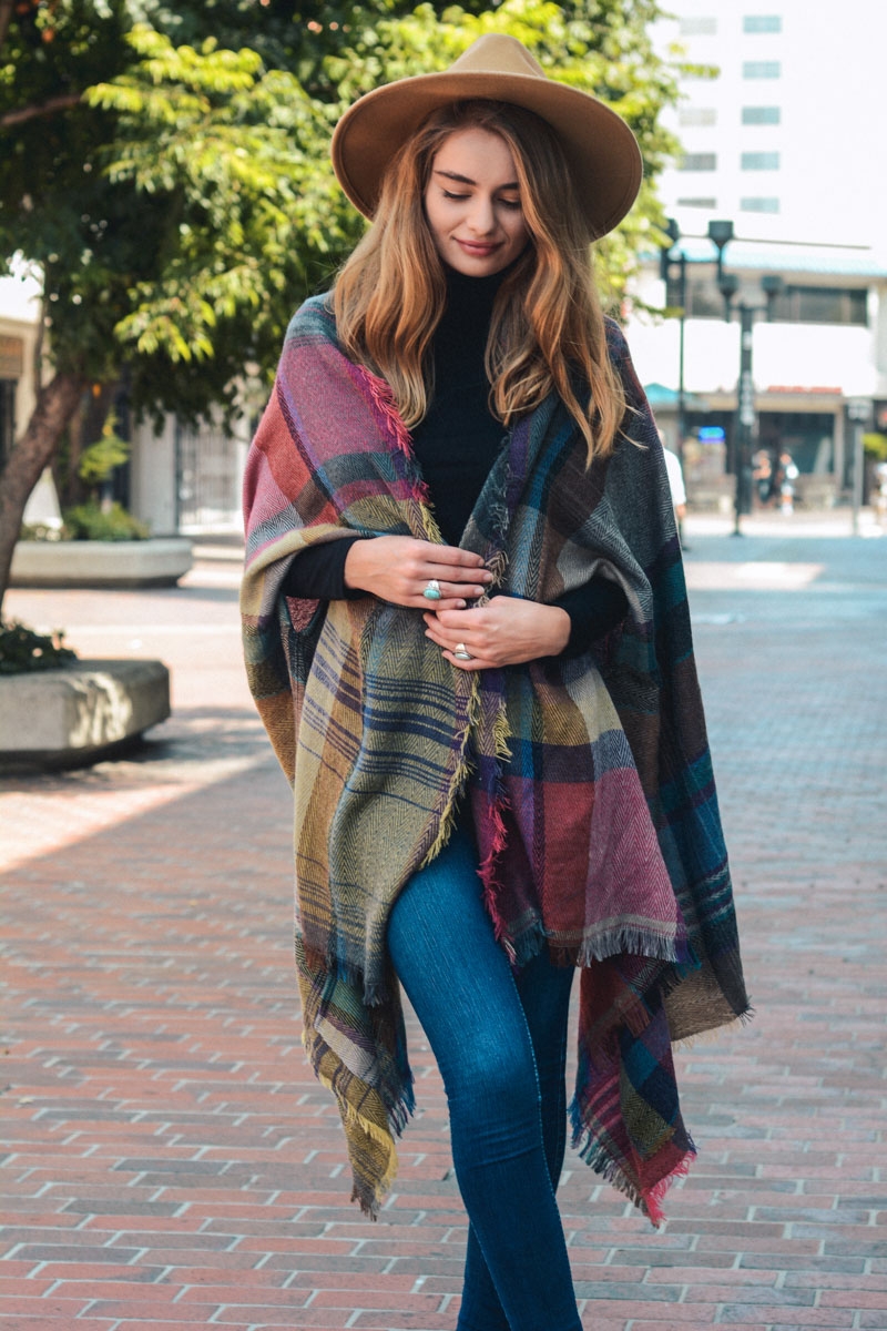 Multicolor plaid pocket ruana  where comfort meets versatile style