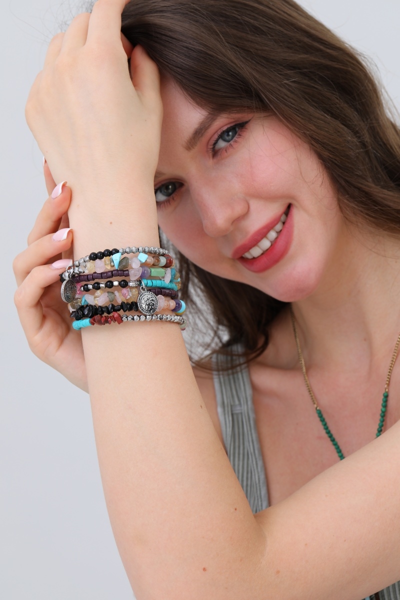 Multilayer beaded bracelet     mixed colors   textures