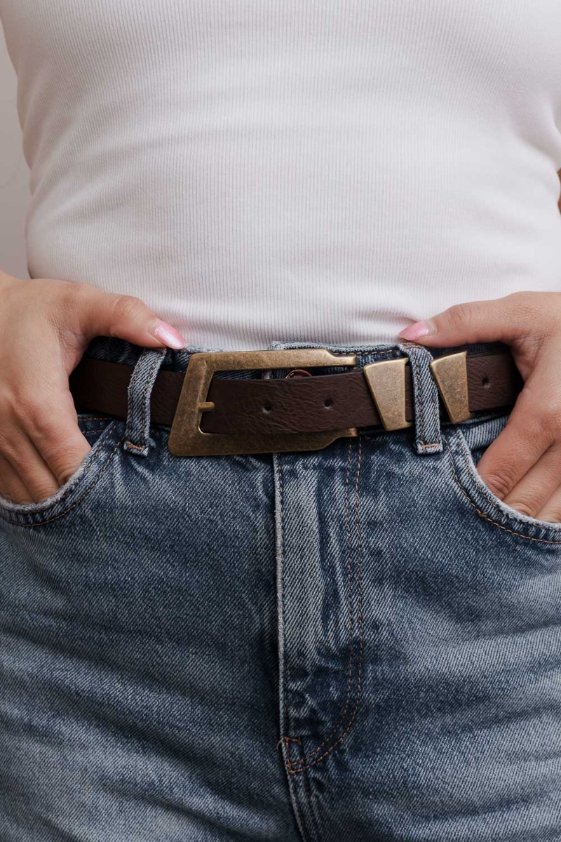 Dark brown faux leather belt with rectangular buckle, perfect for western chic outfits.