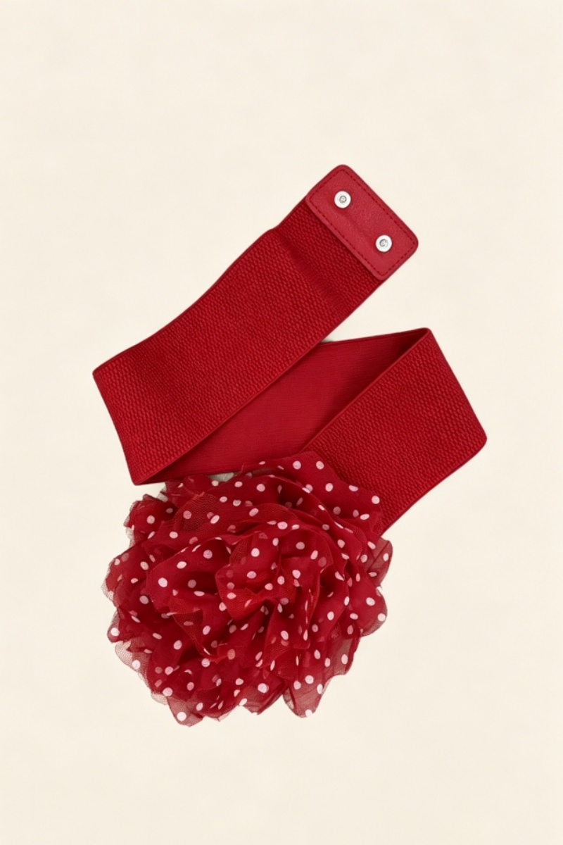 Red elastic waist belt with polka dot flower retro wide cinch belt for dresses