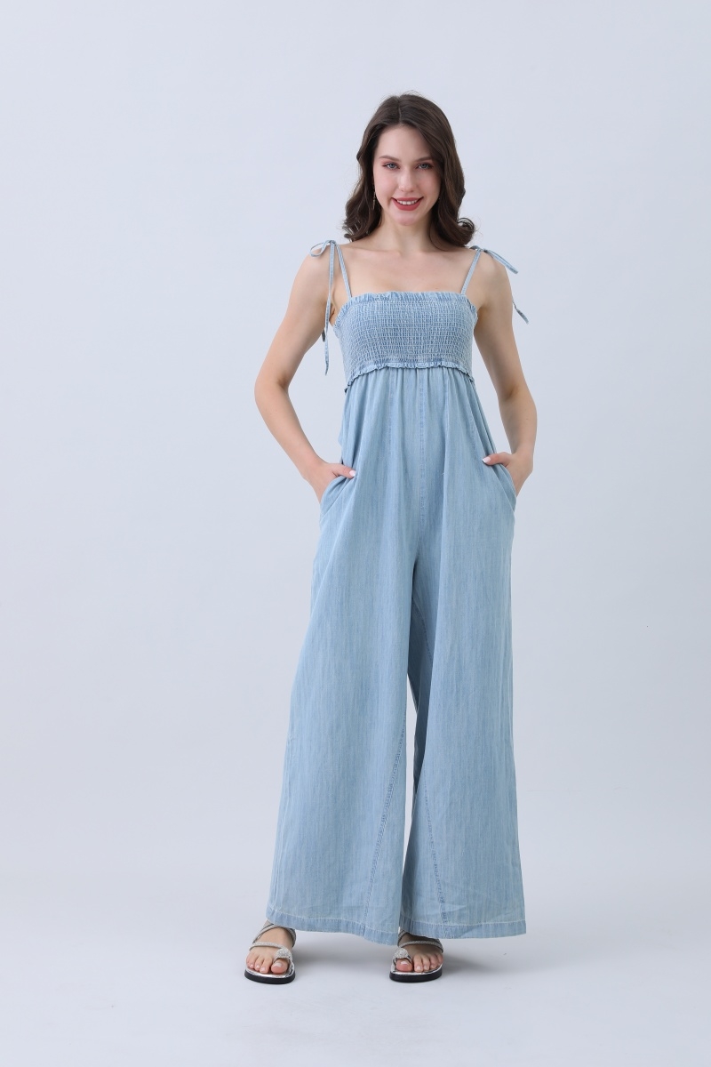 Relaxed fit denim jumpsuit     smocked bodice   wide leg cut