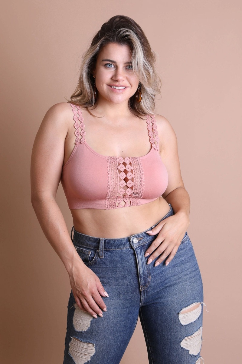 Rose plus-size eye lace applique bralette designed for curves and feminine style.