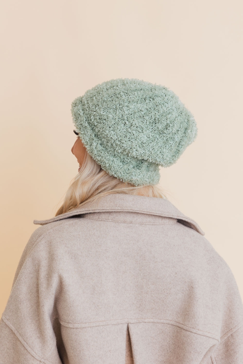 Warm Sage Faux Fur Fluff Beanie – Soft Texture