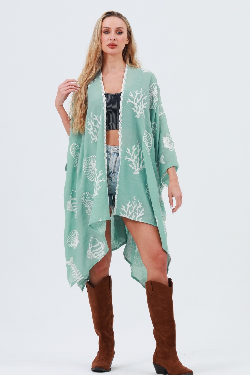 Seahorse coral seashell embroidered kimono spring summer ocean theme
