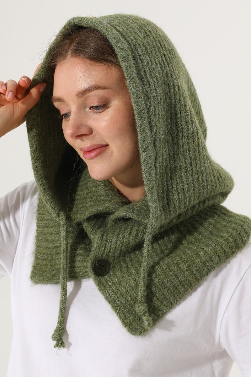 Soft knit hooded neck warmer button drawstring solid balaclava