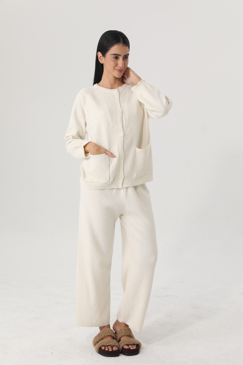 Soft knit women loungewear set button cardigan pocket wide leg pants