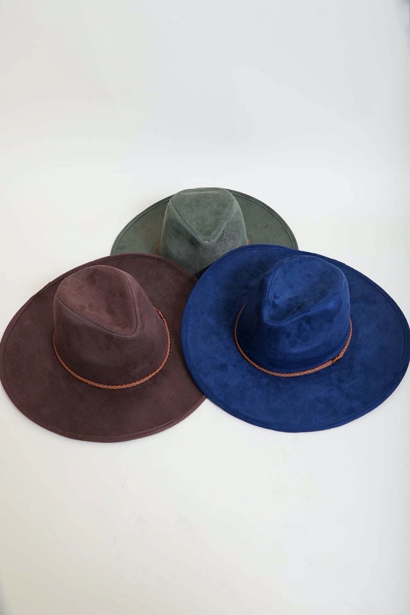 Suede wide brim braided band bolero fendora hat women